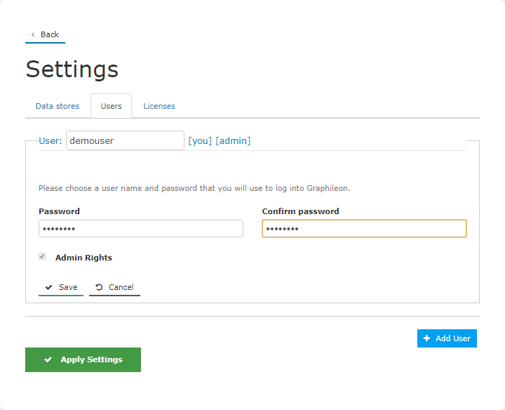 Settings page - Users