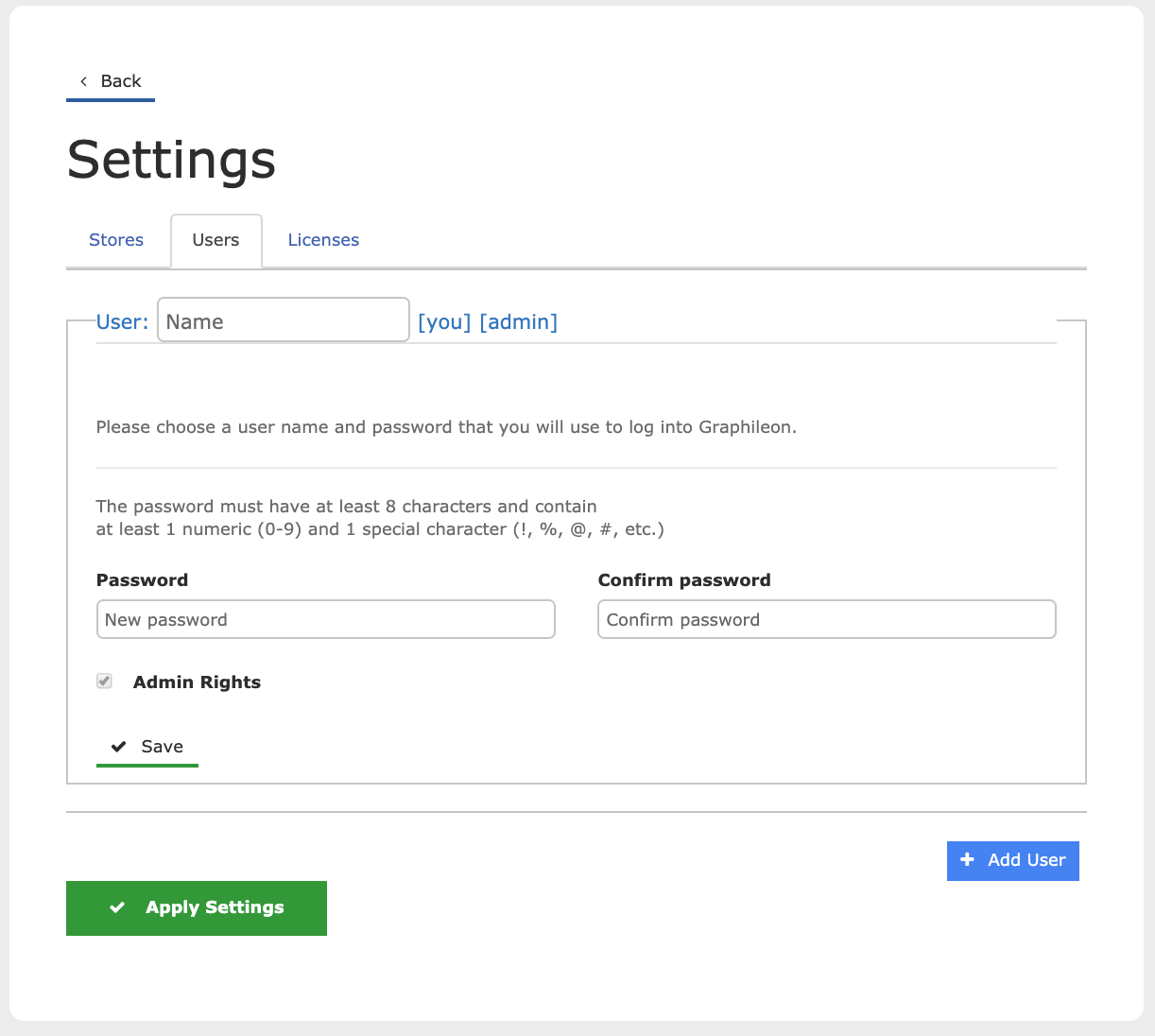 Settings page - Users